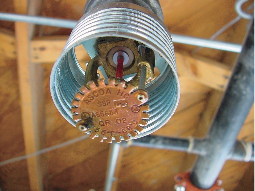 Close-up of fire sprinkler head installed in wood-framed ceiling