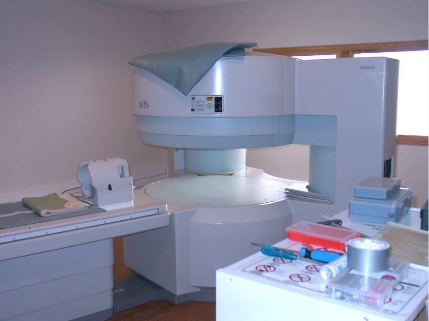 MRI scanner room with medical imaging equipment