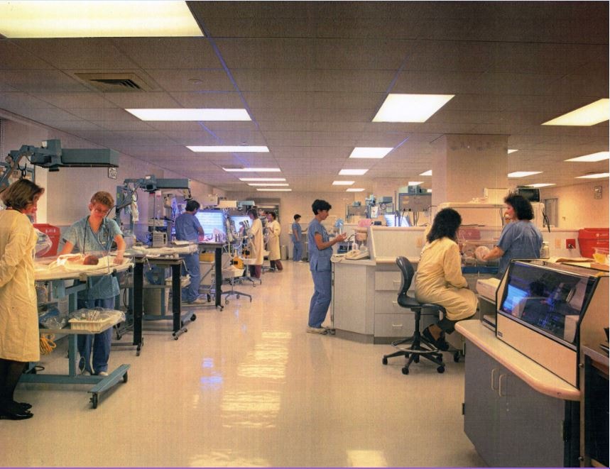 NICU ward with nursing staff and medical equipment